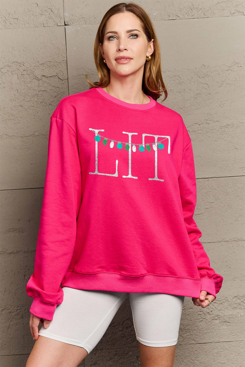 Simply Love Full Size LIT Long Sleeve Sweatshirt Hot Pink