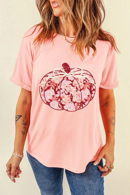 Pumpkin Graphic Round Neck Long Sleeve T-Shirt Blush Pink