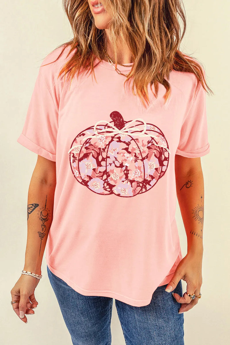 Pumpkin Graphic Round Neck Long Sleeve T-Shirt Blush Pink