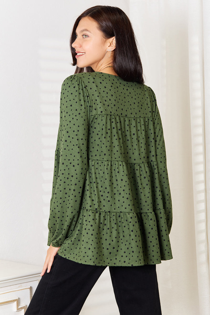 Heimish Full Size Long Puff Sleeve Polka Tiered Top