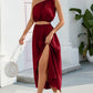 Ruched One Shoulder Top and Slit Skirt Set