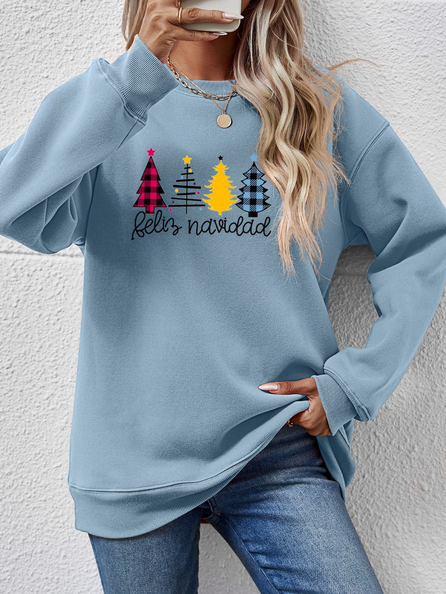 Round Neck Graphic Long Sleeve Sweatshirt Misty Blue