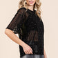 GeeGee Round Neck Drop Shoulder Mesh Glitter Top