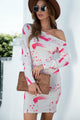 Printed Boat Neck Long Sleeve Dress White Pink