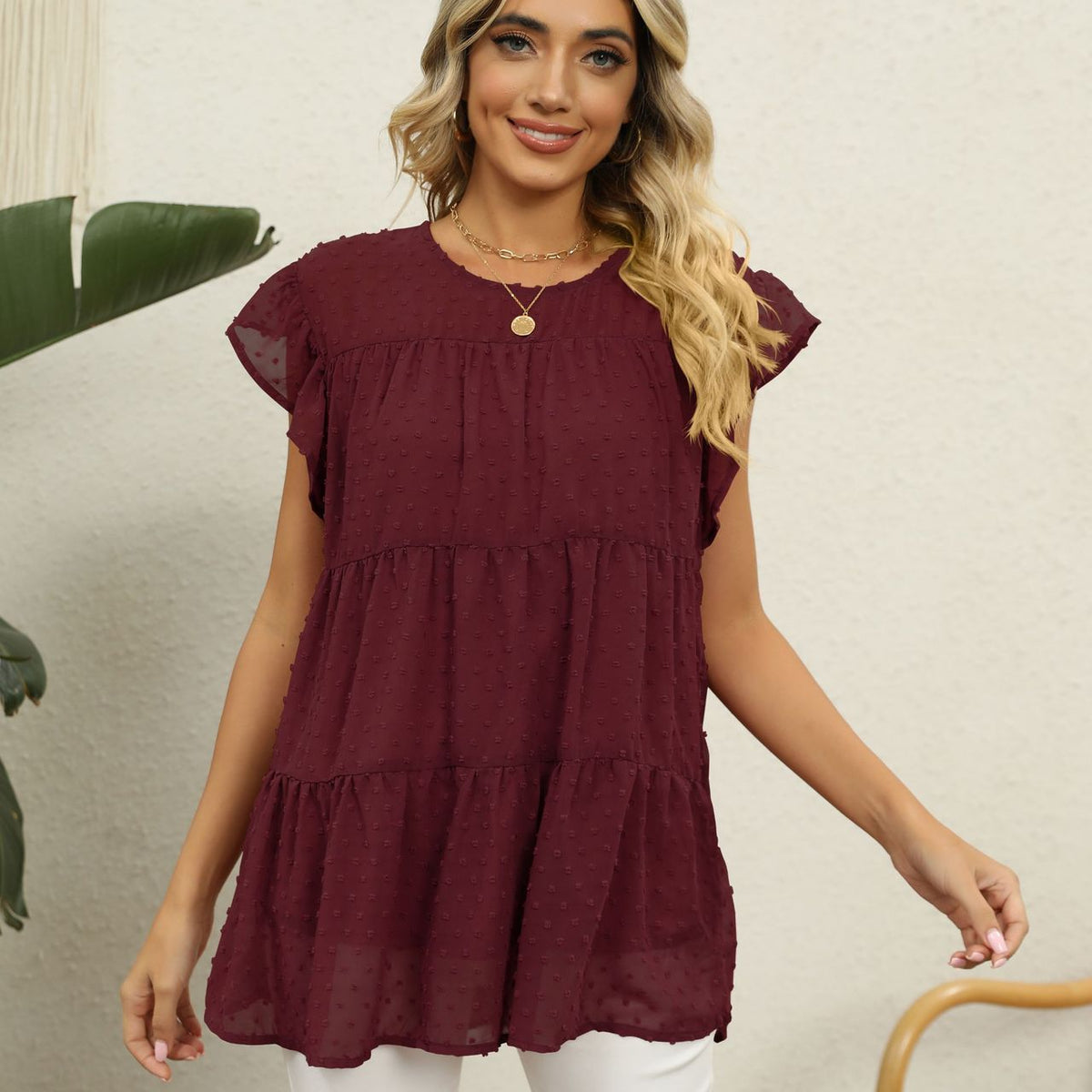 Swiss Dot Round Neck Tiered Blouse Wine