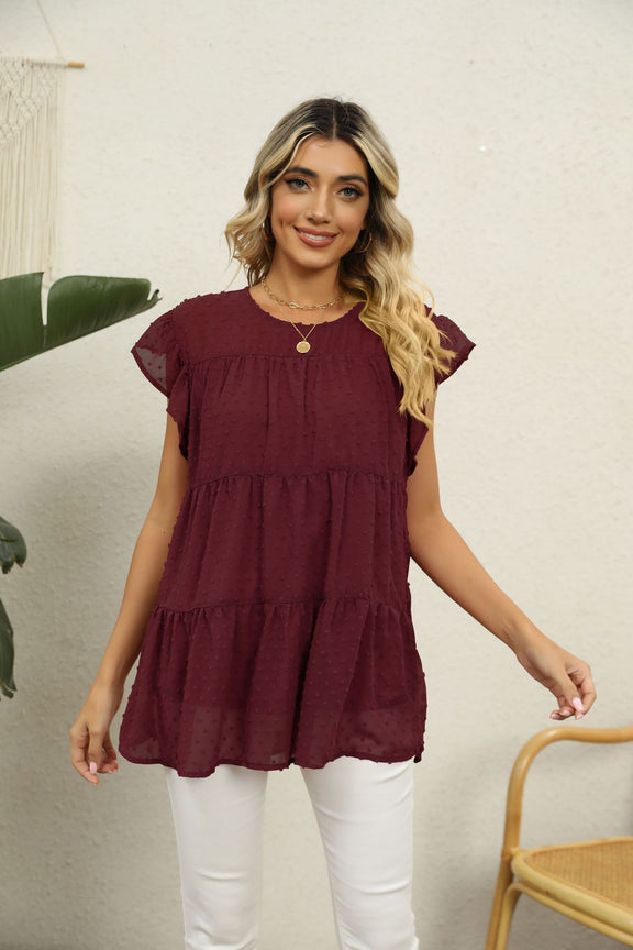 Swiss Dot Round Neck Tiered Blouse Wine
