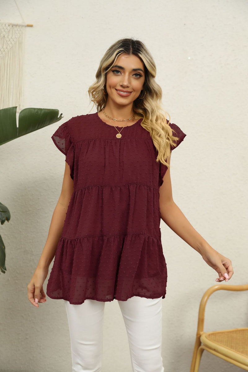 Swiss Dot Round Neck Tiered Blouse Wine