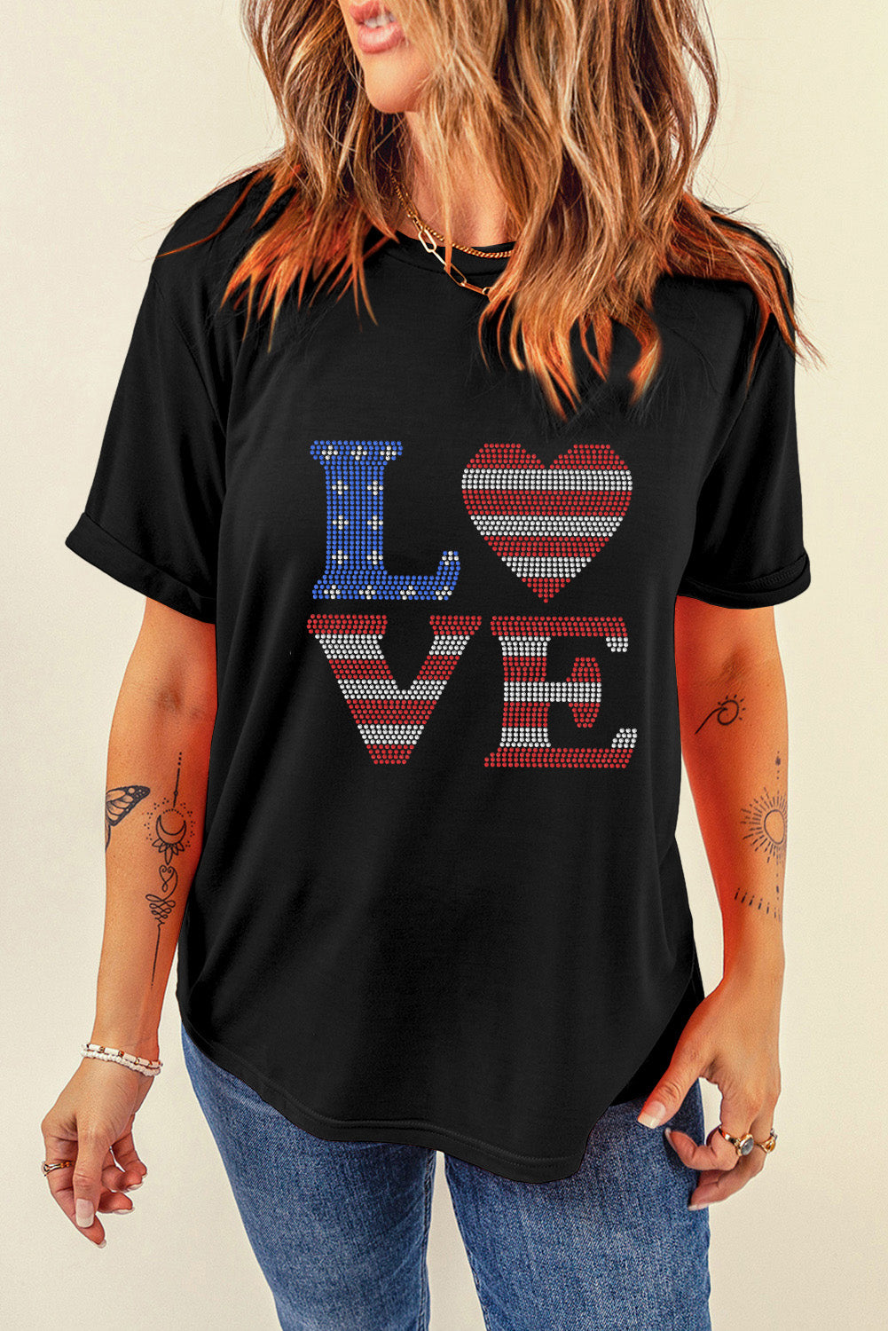 Rhinestone Round Neck Short Sleeve T-Shirt Black