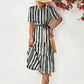 Striped Tie Belt Round Neck Puff Sleeve Dress