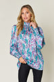 Double Take Full Size Printed Smocked Long Sleeve Blouse Sky Blue