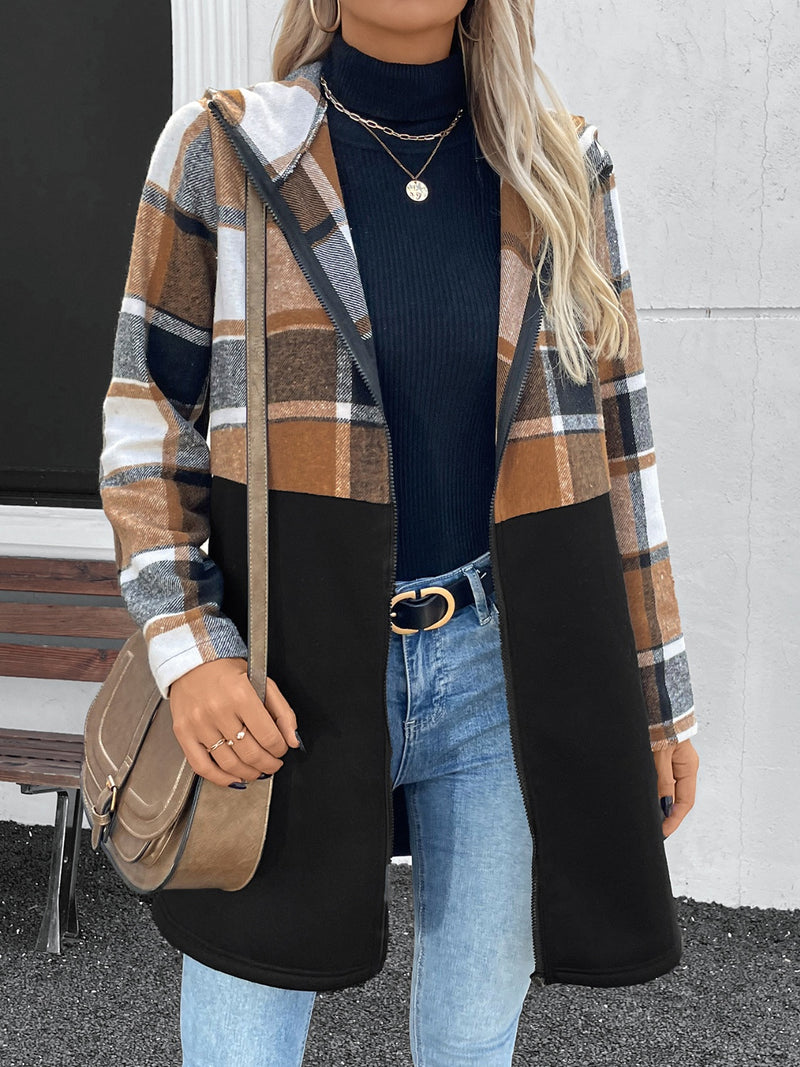 Plaid Zip Up Long Sleeve Hooded Outerwear