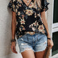 Printed Tie Neck Short Sleeve Blouse