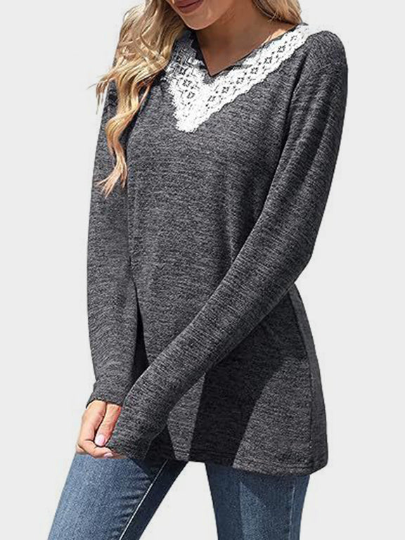 Lace Detail V-Neck Long Sleeve T-Shirt Dark Gray