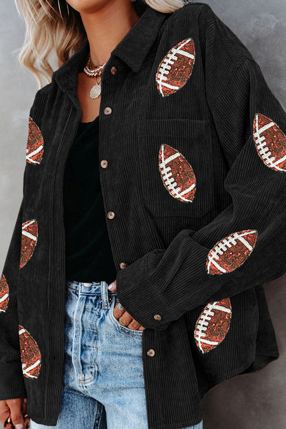 Sequin Football Button Up Long Sleeve Jacket Black