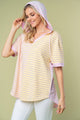 White Birch Full Size Striped Short Sleeve Drawstring Hooded Top Pink Combo