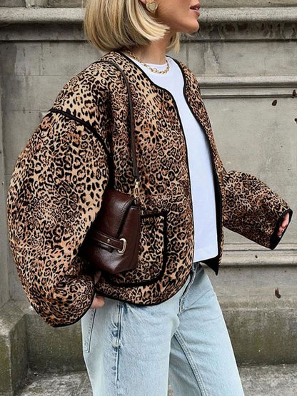 Perfee Leopard Open Front Long Sleeve Jacket Leopard