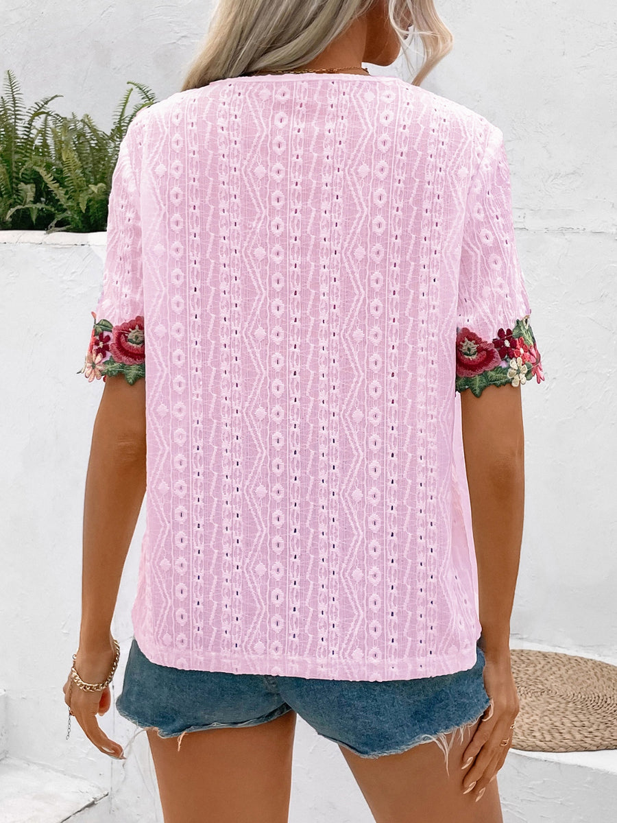 Ivy Lane Eyelet Embroidered V-Neck Short Sleeve Blouse Blush Pink