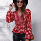 Ruched Printed V-Neck Long Sleeve Blouse