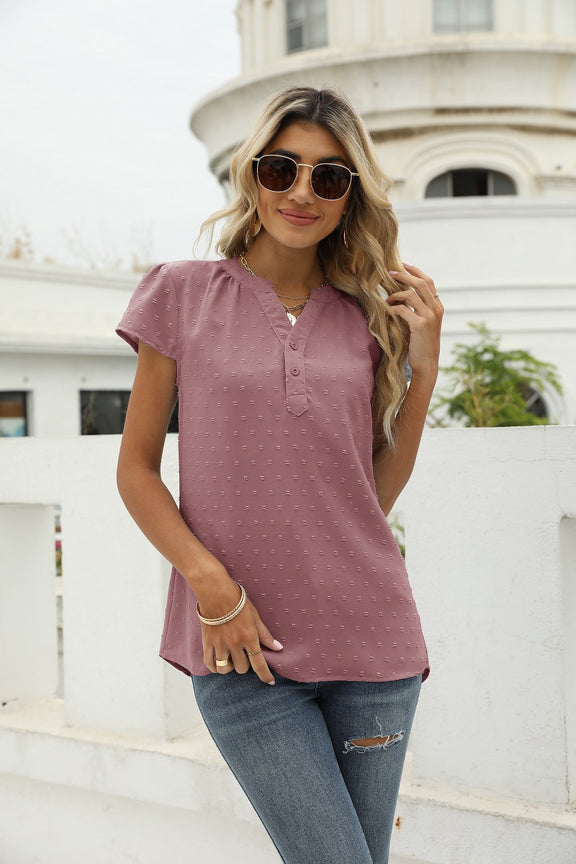 Swiss Dot Notched Neck Short Sleeve Top Moonlit Mauve