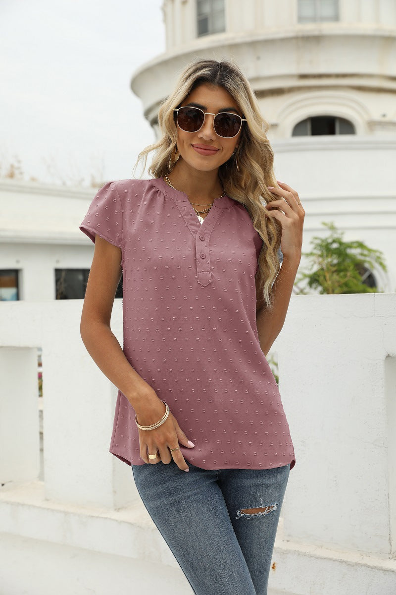Swiss Dot Notched Neck Short Sleeve Top Moonlit Mauve