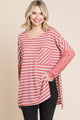 Culture Code Oversize Striped Round Neck Long Sleeve Slit T-Shirt DUSTY ROSE COMBO