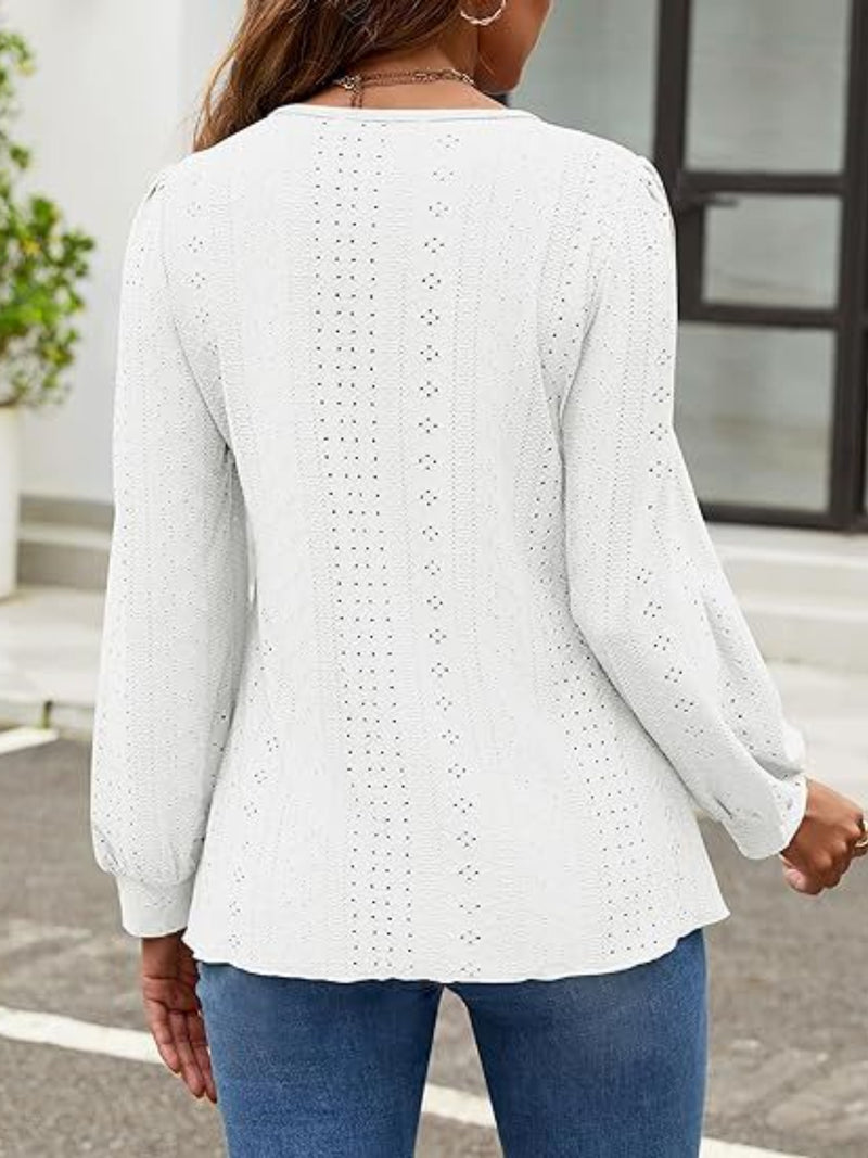 Eyelet Round Neck Long Sleeve Top