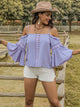 Square Neck Flare Sleeve Blouse Blue Purple