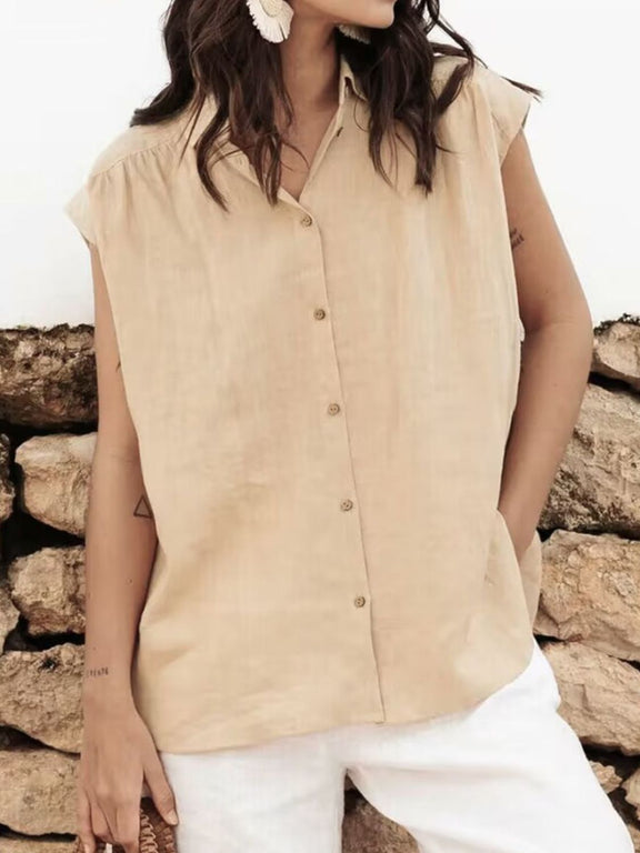 Perfee Button Up Collared Neck Cap Sleeve Shirt Tan