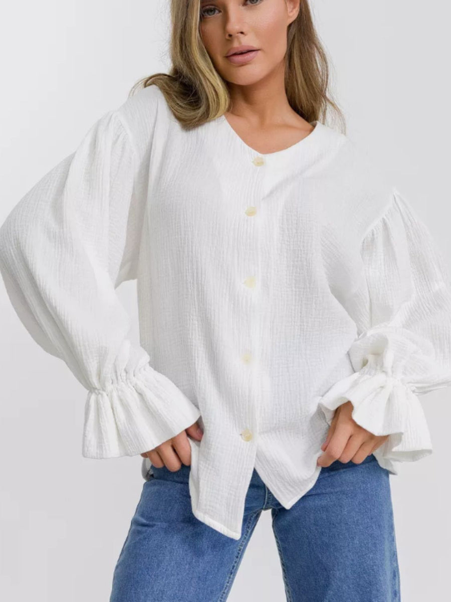 Button Up Flounce Sleeve Shirt White