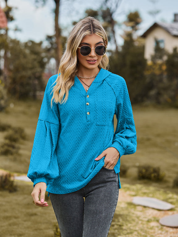 Cable-Knit Dropped Shoulder Hoodie Sky Blue