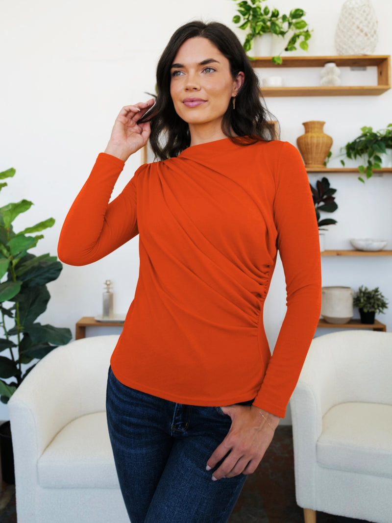 FAM-FAM Ruched Mock Neck Long Sleeve T-Shirt