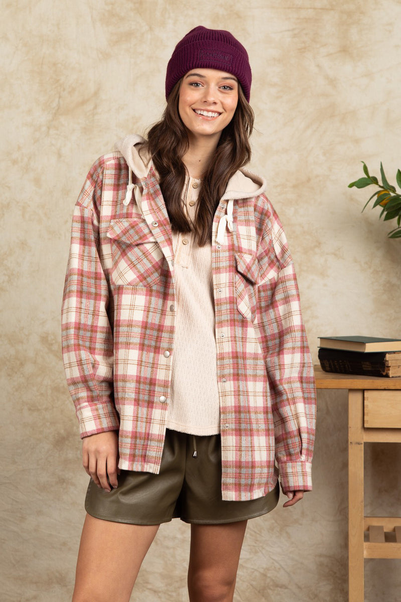Drawstring Plaid Long Sleeve Hooded Jacket Dusty Pink