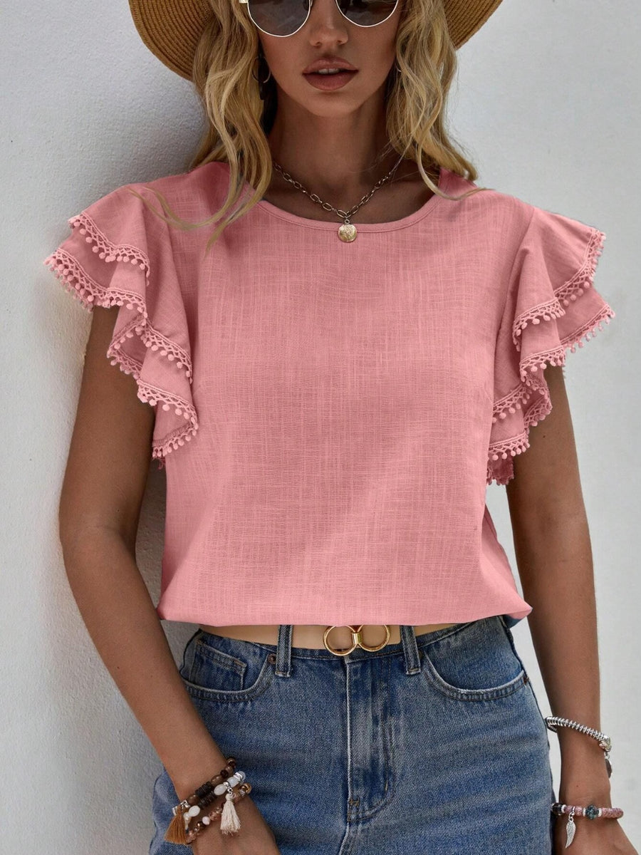 Ruffled Cap Sleeve Round Neck Blouse Dusty Pink
