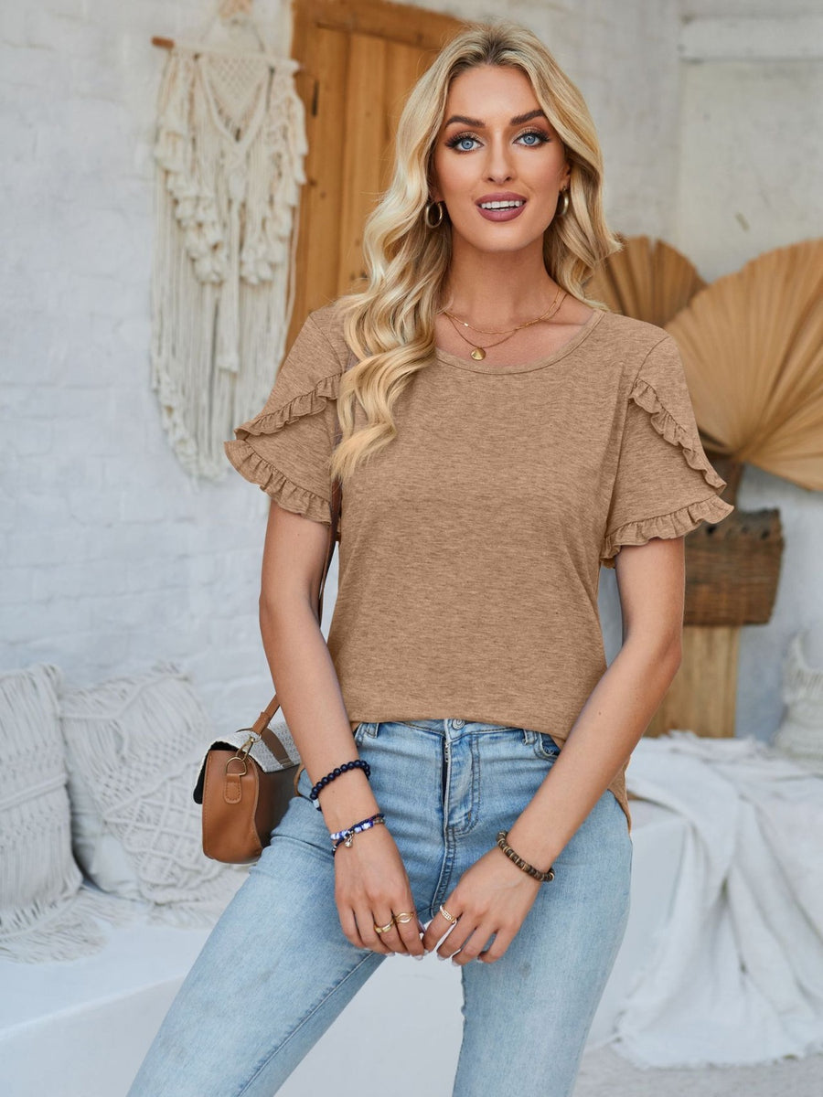 Frill Round Neck Petal Sleeve Blouse Camel