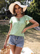 Ivy Lane Ruffled Floral Tie Neck Short Sleeve Blouse Light Green