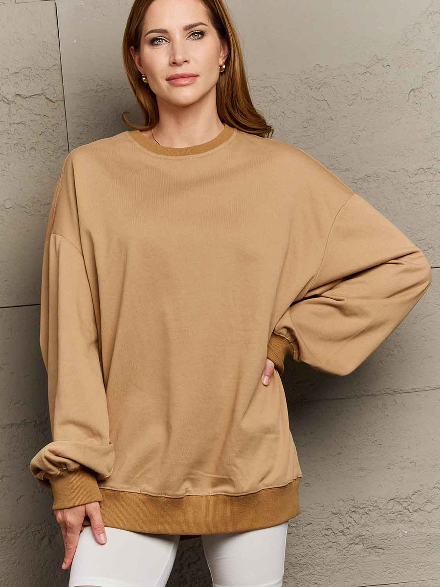 Simply Love Full Size Dropped Shoulder Sweatshirt Camel