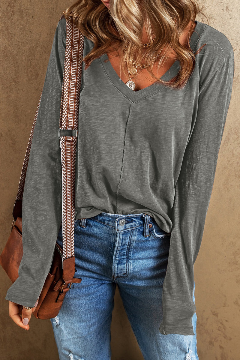 Exposed Seam V-Neck Long Sleeve T-Shirt Charcoal