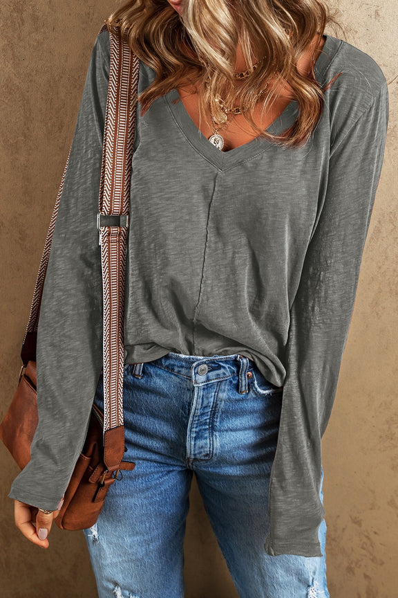 Exposed Seam V-Neck Long Sleeve T-Shirt Charcoal