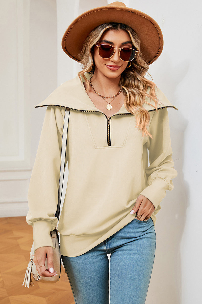 Half Zip Lantern Sleeve Sweatshirt Light Yellow