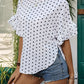 Perfee Slit Polka Dot Round Neck Half Sleeve Blouse