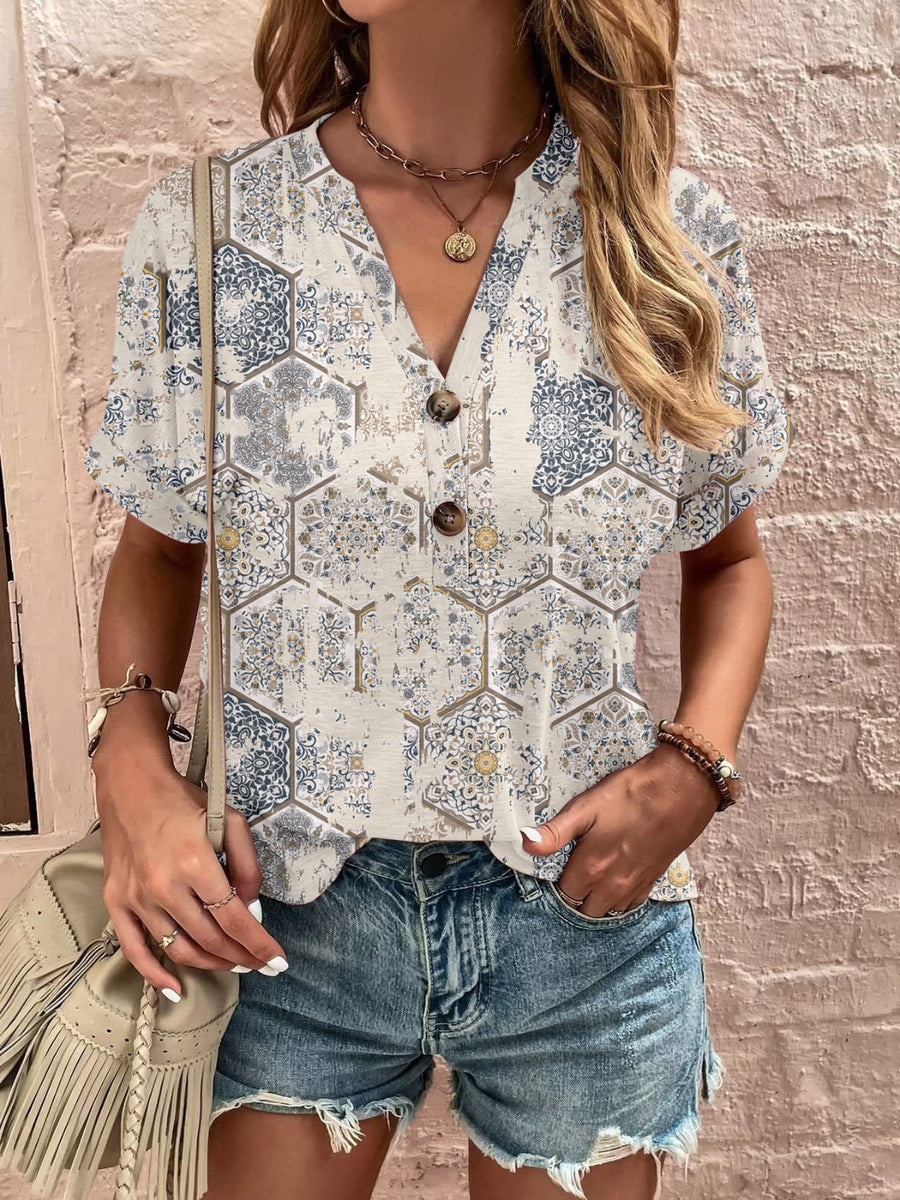 Full Size Printed Notched Short Sleeve Blouse Dust Storm