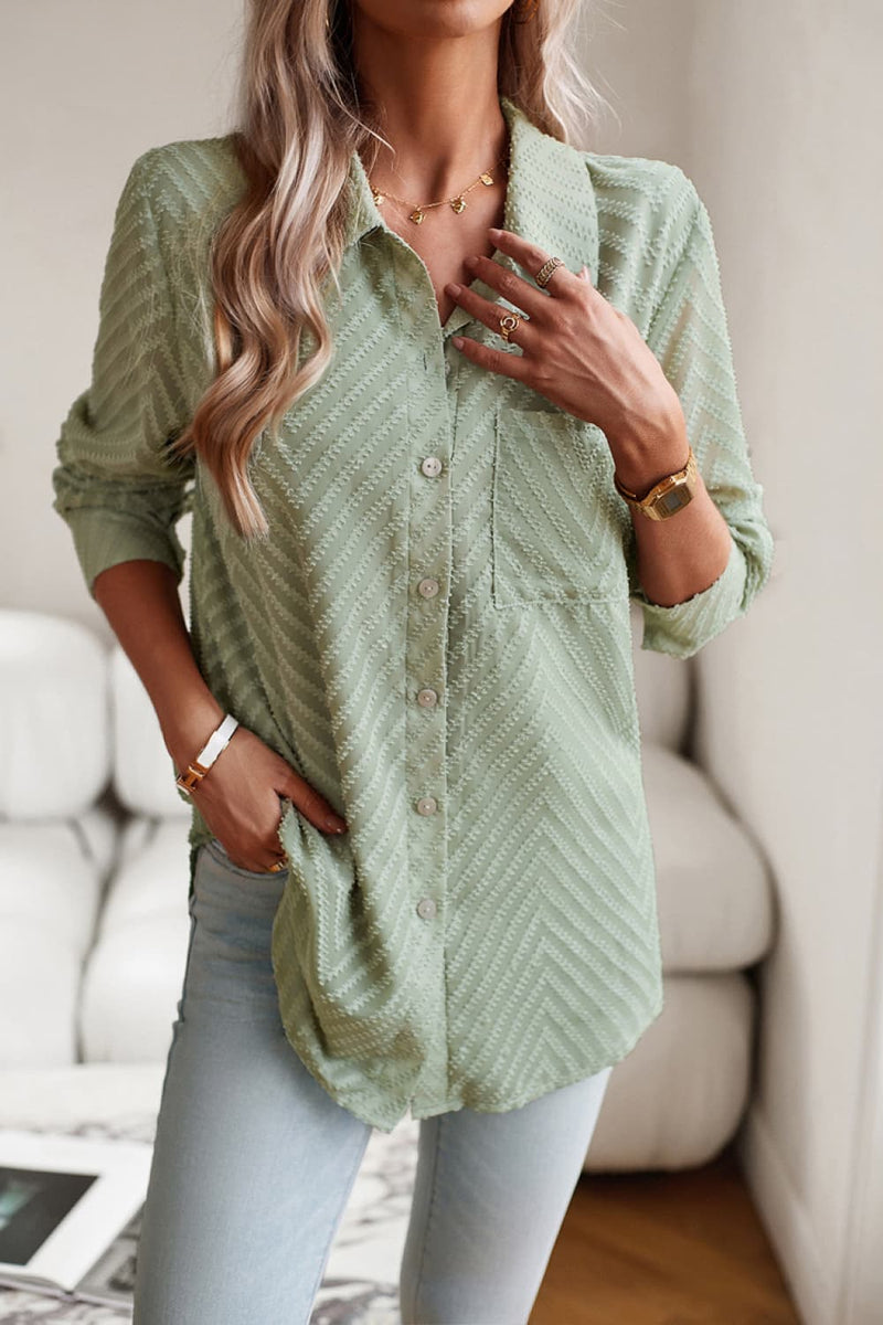 Devine Collared Neck Long Sleeve Pocketed Shirt Light Green