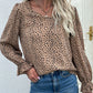 Perfee Leopard Flared Sleeve Round Neck Blouse