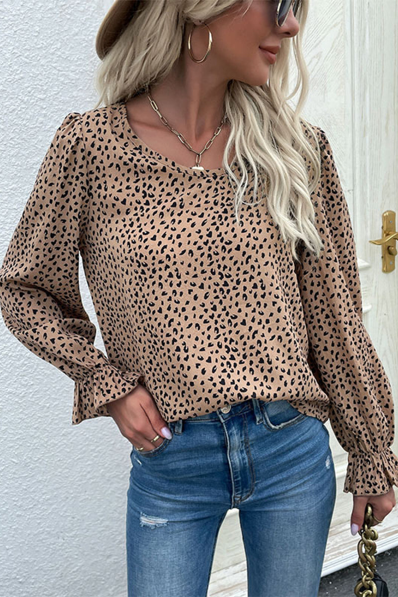 Perfee Leopard Flared Sleeve Round Neck Blouse