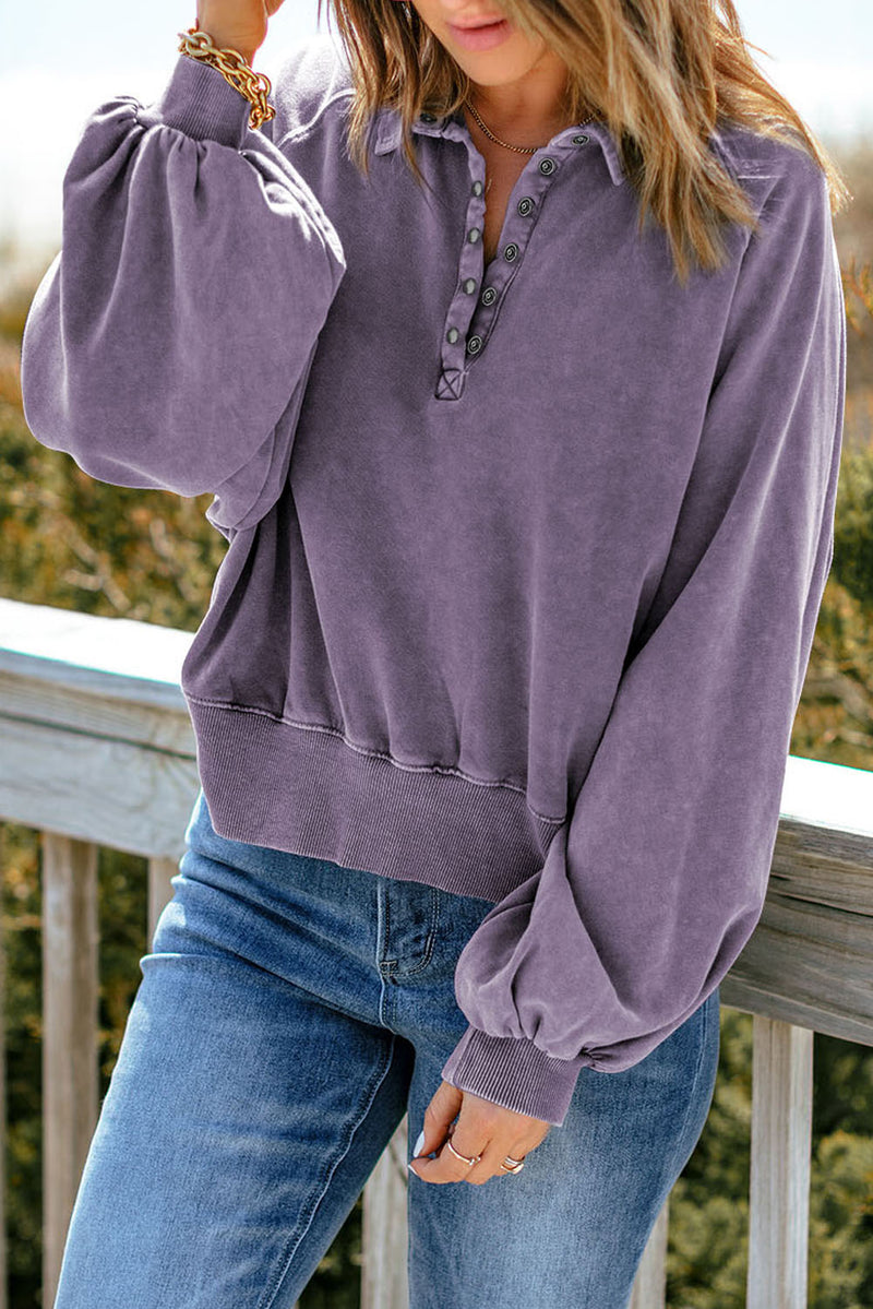 Quarter-Snap Collared Lantern Sleeve Sweatshirt Mauve