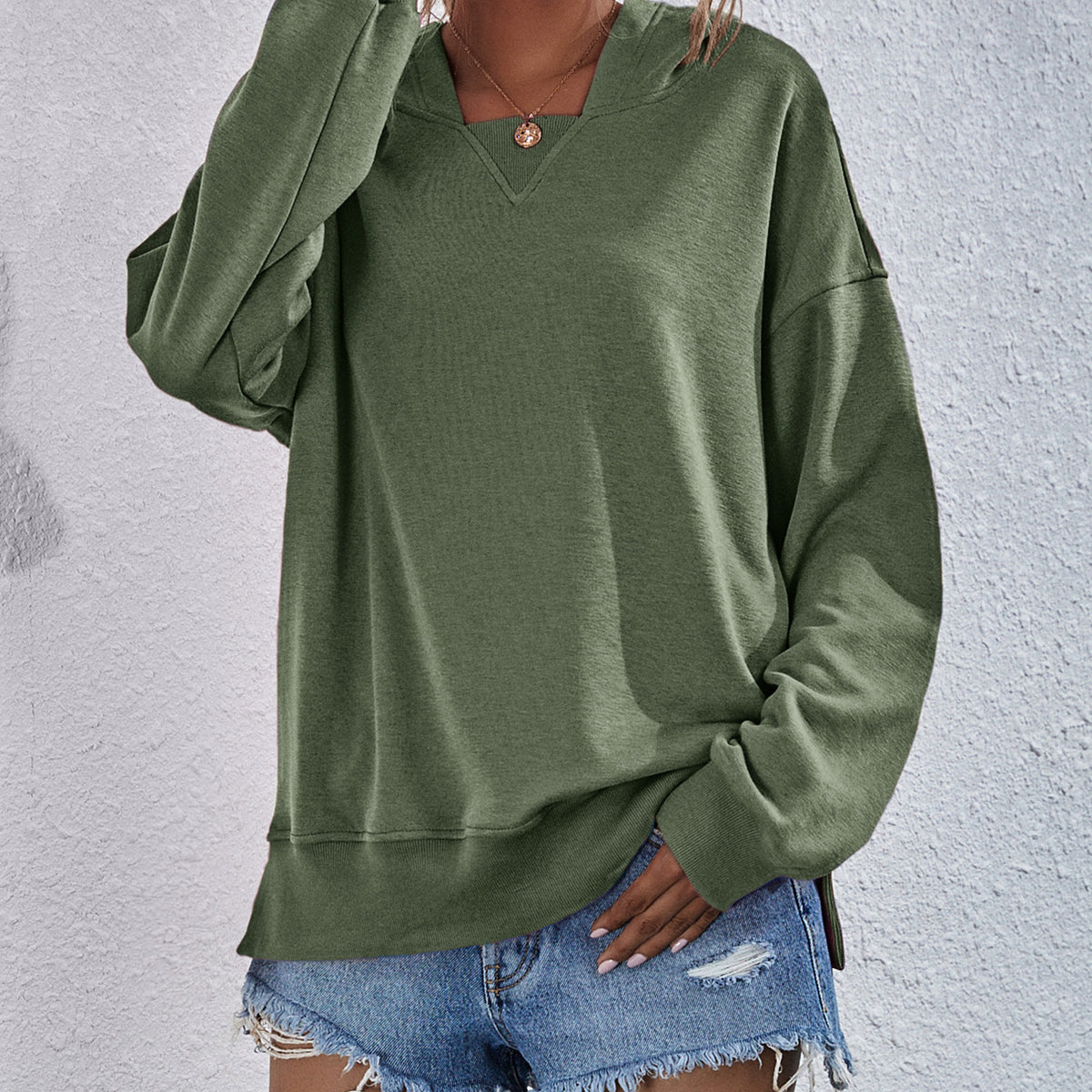 Dropped Shoulder Slit Hoodie Moss