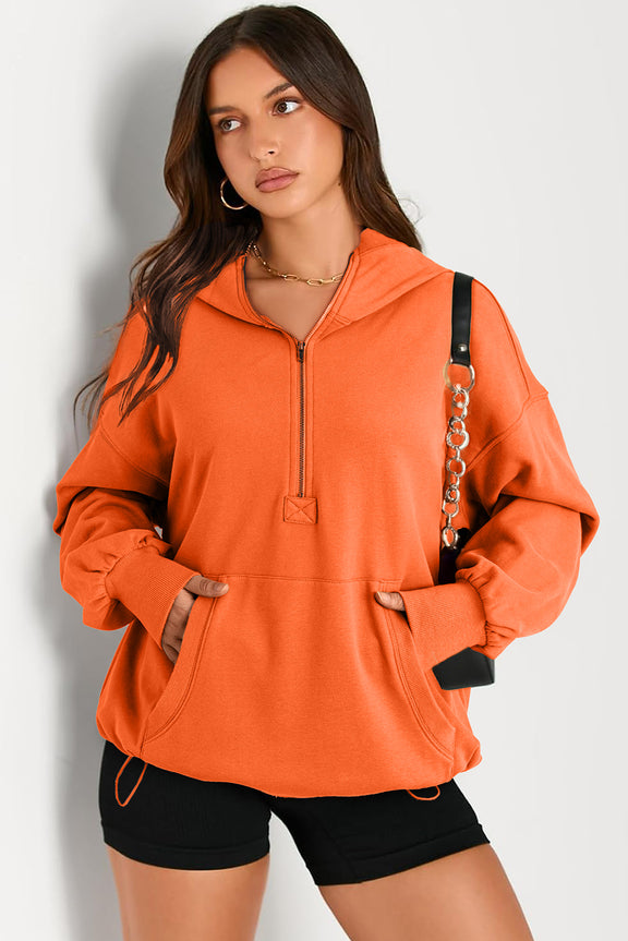 Pocketed Half Zip Long Sleeve Hoodie Orange