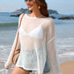 Openwork Slit Boat Neck Long Sleeve Cover-Up