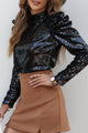 Sequin Mock Neck Puff Sleeve Blouse Black