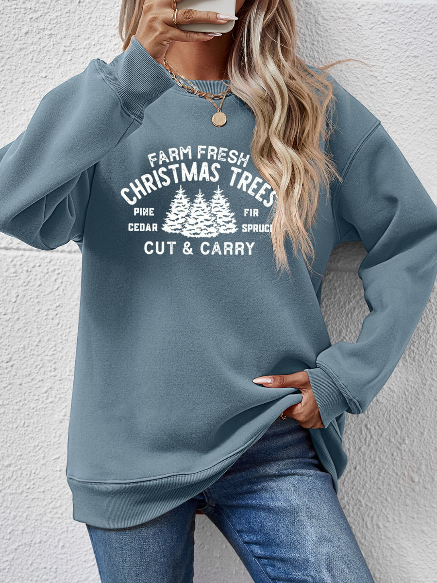 Round Neck Graphic Long Sleeve Sweatshirt French Blue
